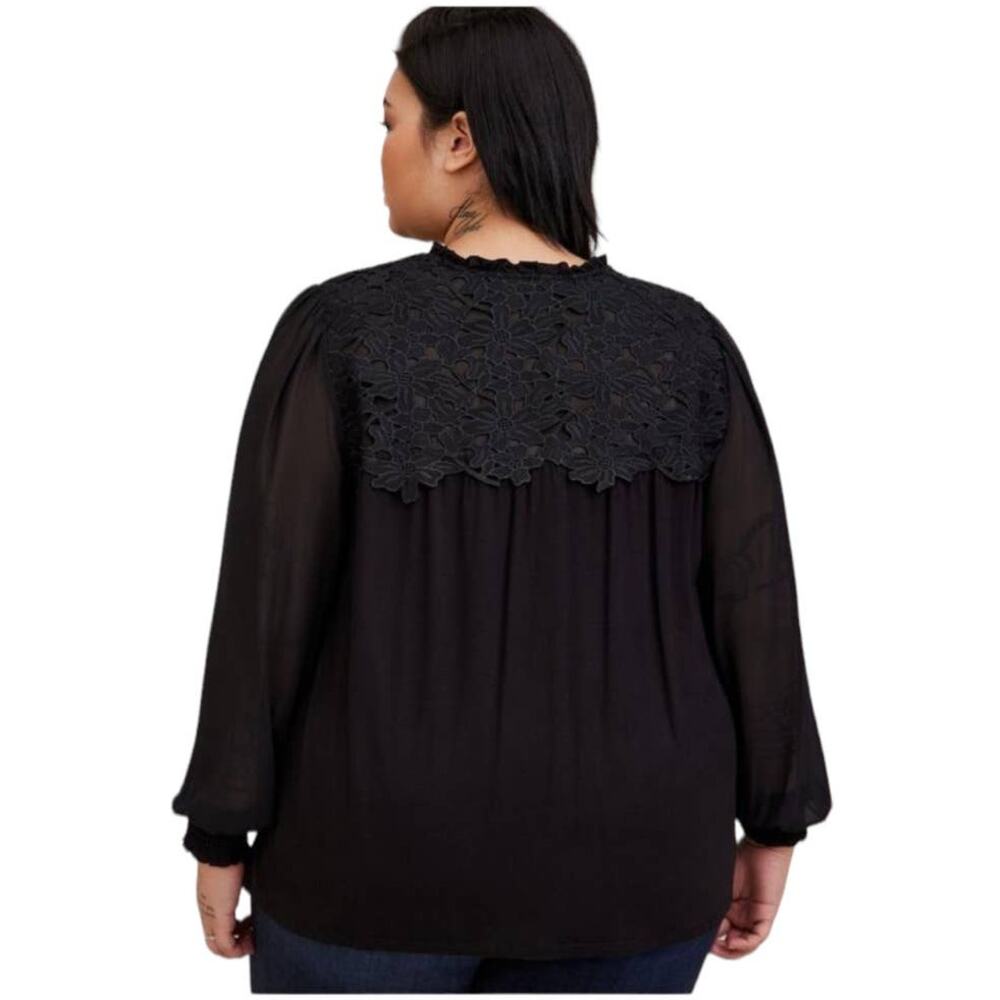 Torrid NWT Super Soft Chiffon Sleeve Lace Inset Tie Detail Top Black Size 1X - Picture 3 of 7